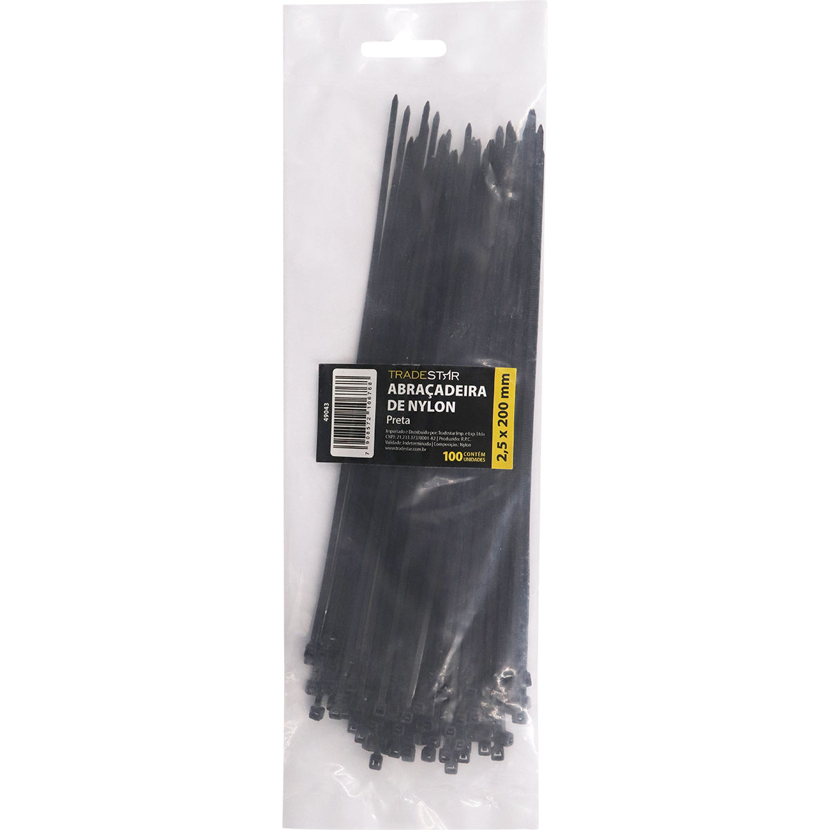 Abraçadeira de nylon preta Tradestar 2,5x200mm, pacote com 500 unidades, ideal para organizar e fixar cabos e fios em eletrônica, construção e outras aplicações. Abraçadeira enforca gato resistente e versátil.