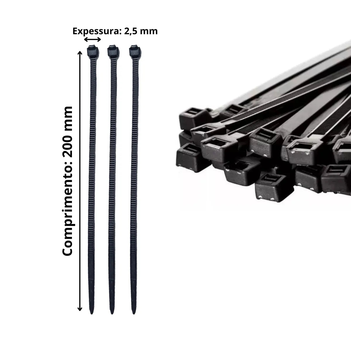 Abraçadeira de nylon preta Tradestar 2,5x200mm, pacote com 500 unidades, ideal para organizar e fixar cabos e fios em eletrônica, construção civil e automotivo.