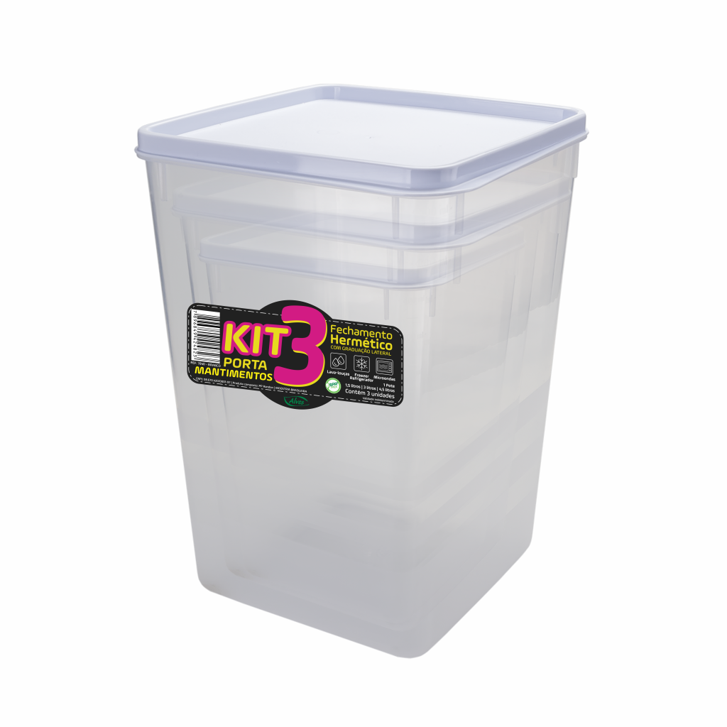 Kit Porta Mantimentos Hermético 3 Peças - 1,5L, 3L e 4,5L. Conjunto de potes transparentes com tampas brancas, ideal para armazenar arroz, café e açúcar, mantendo os alimentos frescos e organizados na cozinha.
