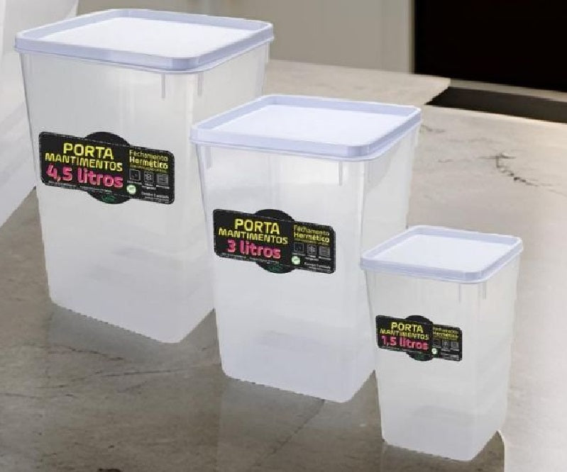 Kit porta mantimentos hermético 3 peças (1,5L, 3L e 4,5L) transparente com tampas brancas. Ideal para armazenar arroz, café e açúcar, mantendo os alimentos frescos e organizados na cozinha. Conjunto de potes de plástico com fechamento hermético.