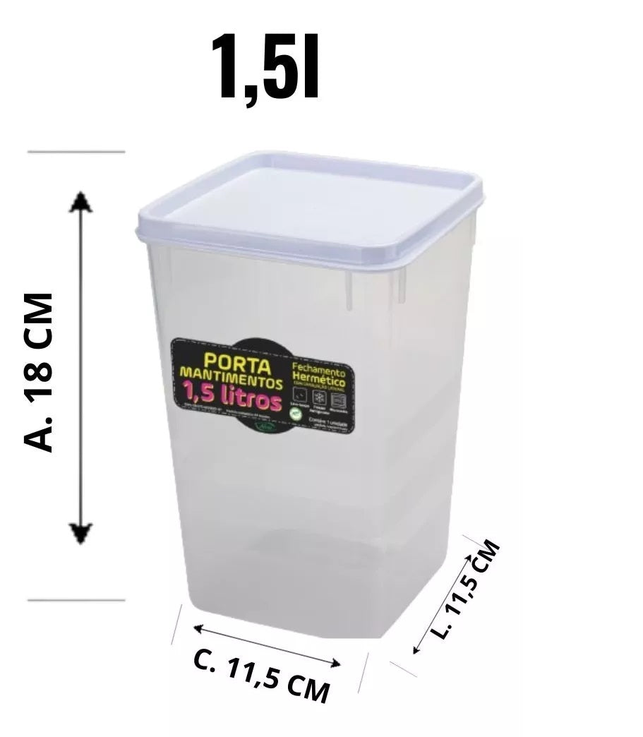 Kit Porta Mantimentos Hermético 1,5 Litros - Recipiente transparente com tampa branca, ideal para armazenar arroz, café e açúcar. Medidas: 18cm altura x 11,5cm largura e comprimento. Fechamento hermético para conservação.