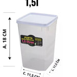 Kit Porta Mantimentos Hermético 1,5 Litros - Recipiente transparente com tampa branca, ideal para armazenar arroz, café e açúcar. Medidas: 18cm altura x 11,5cm largura e comprimento. Fechamento hermético para conservação.