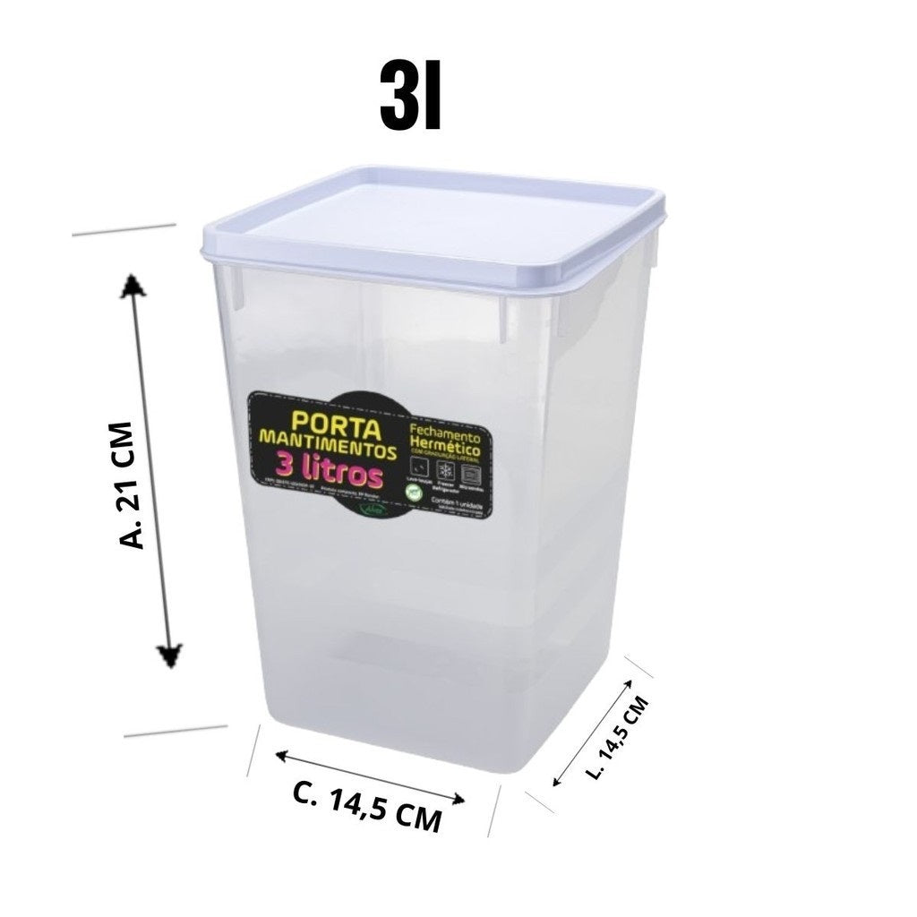 Kit Porta Mantimentos Hermético 3 Litros - Recipiente transparente com tampa branca, ideal para armazenar arroz, café e açúcar. Medidas: 21cm altura x 14,5cm largura x 14,5cm comprimento. Perfeito para organização da cozinha.