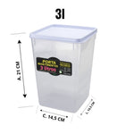 Kit Porta Mantimentos Hermético 3 Litros - Recipiente transparente com tampa branca, ideal para armazenar arroz, café e açúcar. Medidas: 21cm altura x 14,5cm largura x 14,5cm comprimento. Perfeito para organização da cozinha.