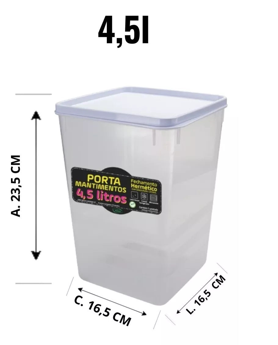 Kit Porta Mantimentos Hermético 4,5 Litros - Recipiente transparente com tampa branca, ideal para armazenar arroz, café, açúcar e outros alimentos. Medidas: 23,5cm altura x 16,5cm largura e comprimento. Perfeito para organização da cozinha.