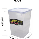 Kit Porta Mantimentos Hermético 4,5 Litros - Recipiente transparente com tampa branca, ideal para armazenar arroz, café, açúcar e outros alimentos. Medidas: 23,5cm altura x 16,5cm largura e comprimento. Perfeito para organização da cozinha.