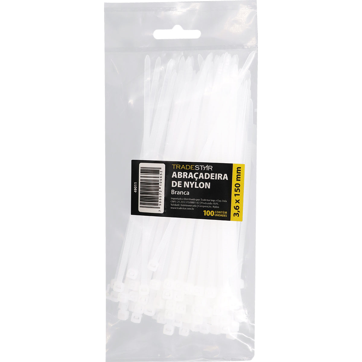 Abraçadeira de nylon enforca gato branca Tradestar 3,6x150mm, pacote com 500 unidades. Ideal para organizar e fixar cabos e fios em eletrônica, construção civil, jardinagem e automotivo. Durável, versátil e fácil de usar.