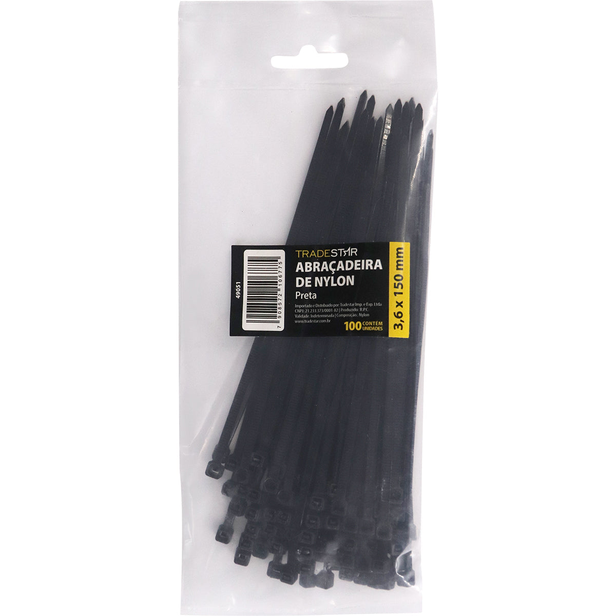 Abraçadeira de Nylon Enforca Gato Tradestar Preta 3,6x150mm com 500 unidades (5 pacotes de 100). Ideal para organizar e fixar cabos, fios e outros itens. Resistente, versátil e fácil de usar. Perfeita para eletrônica, construção, jardinagem e automotivo.