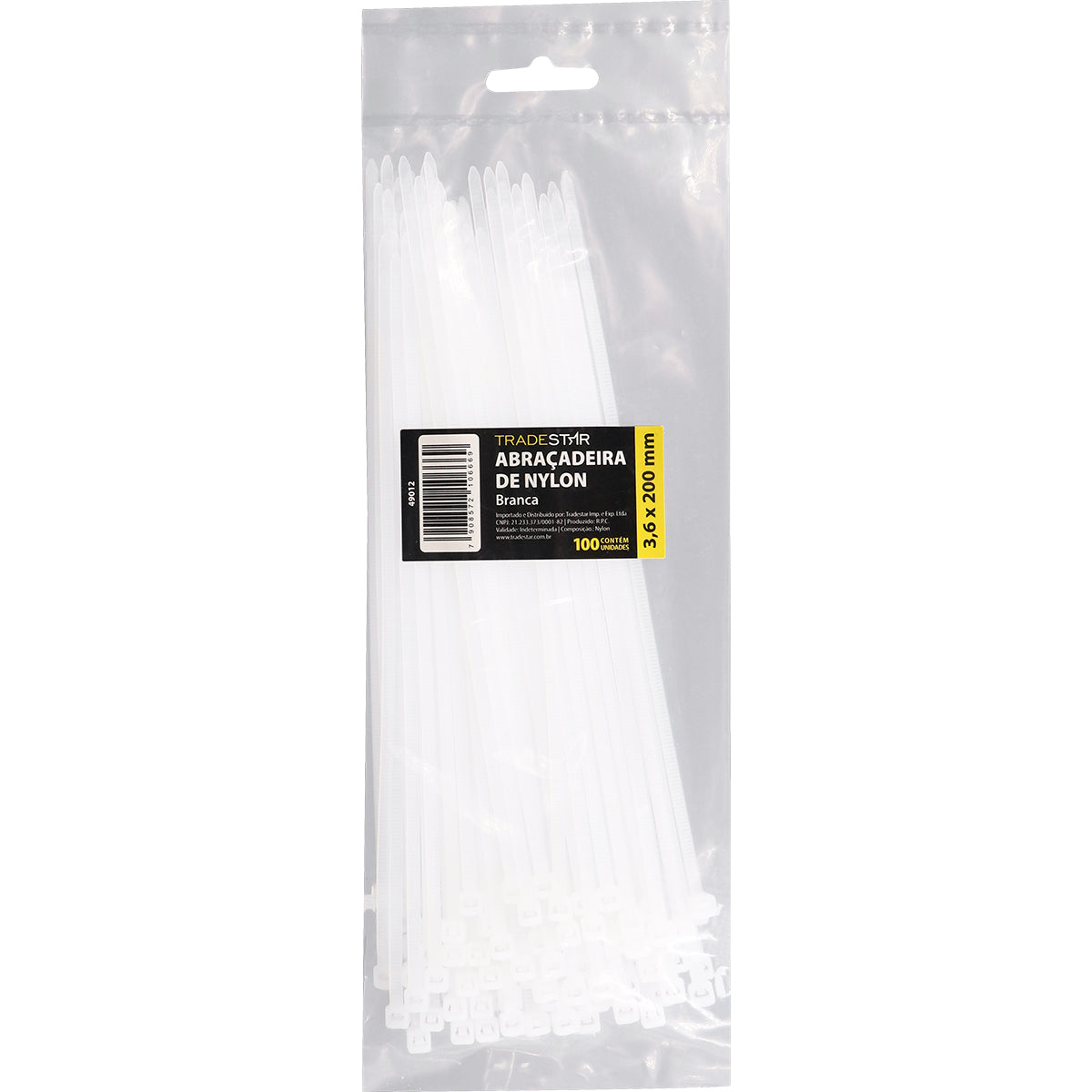 Abraçadeira de nylon branca Tradestar 3,6x200mm, ideal para organizar e fixar cabos e fios. Pacote com 500 unidades, resistente e versátil para eletrônica, construção e jardinagem.