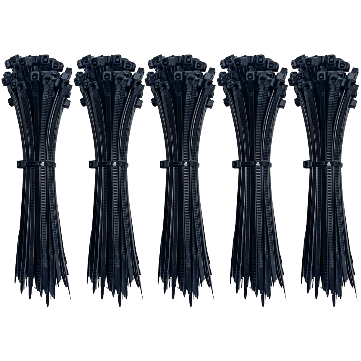 Abraçadeira de Nylon Enforca Gato 3,6x250mm Preta Tradestar com 500 unidades, ideal para organizar e fixar cabos e fios em eletrônica, construção civil, jardinagem e automotivo. Pacote com 5 maços de 100 abraçadeiras cada.