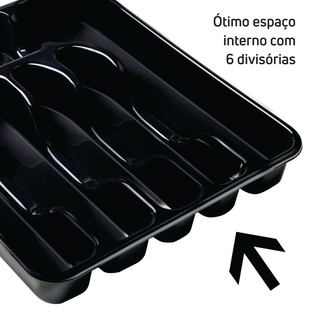 Porta Talheres Organizador com Tampa 35x30x5Cm 6 Divisórias - Organizador de talheres de plástico branco com 6 compartimentos para gaveta, ideal para manter a cozinha organizada e os talheres protegidos.