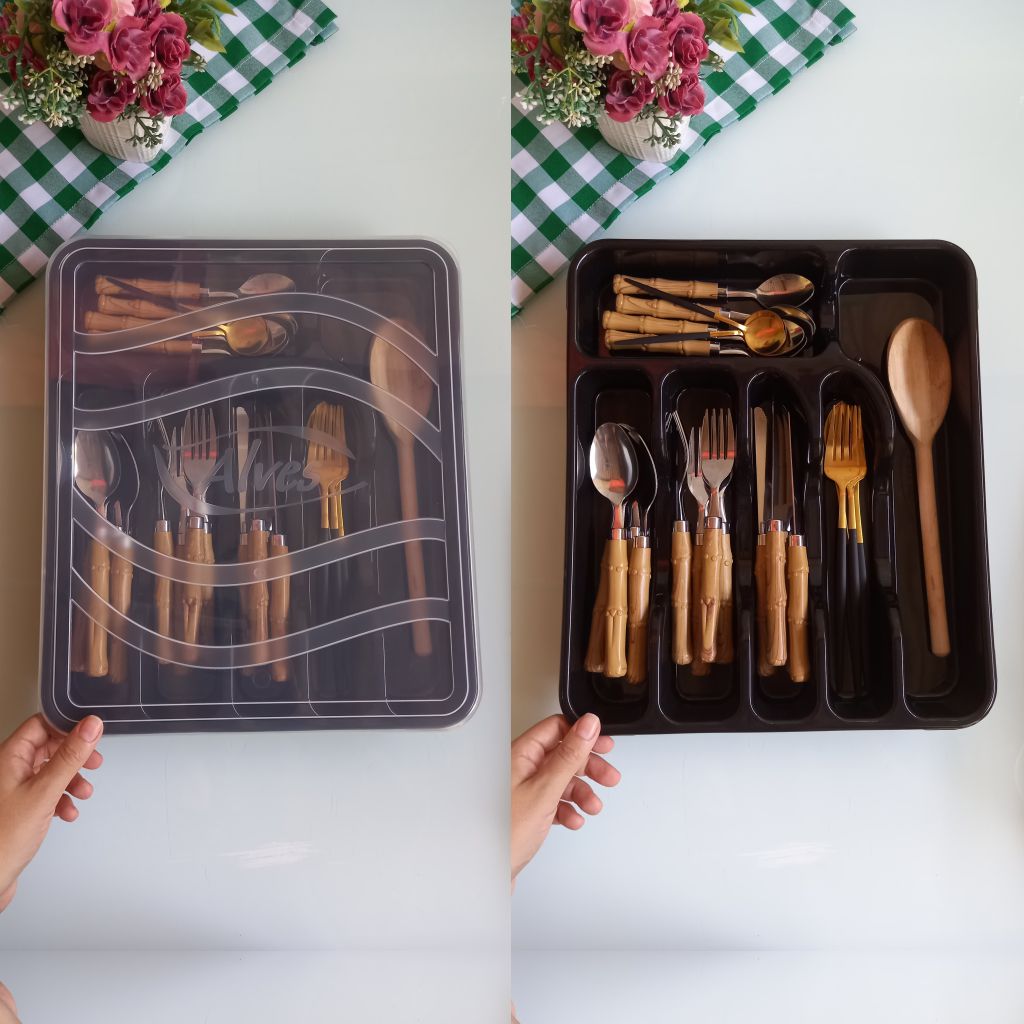 Porta Talheres Organizador com Tampa 35x30x5Cm 6 Divisórias - Organize sua cozinha com este porta talheres de plástico resistente, com 6 compartimentos para talheres, mantendo-os limpos e acessíveis. Ideal para gavetas e bancadas.