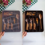 Porta Talheres Organizador com Tampa 35x30x5Cm 6 Divisórias - Organize sua cozinha com este porta talheres de plástico resistente, com 6 compartimentos para talheres, mantendo-os limpos e acessíveis. Ideal para gavetas e bancadas.