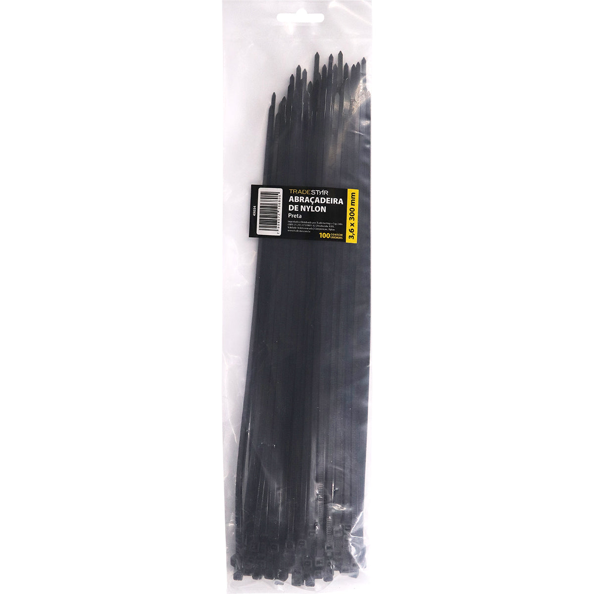 Abraçadeira de nylon preta Tradestar 3,6x300mm, ideal para organização e fixação de cabos e fios. Pacote com 500 unidades, resistente e versátil para diversas aplicações.