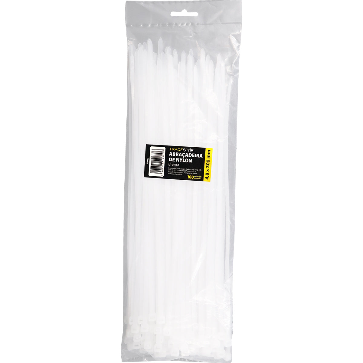 Abraçadeira de nylon enforca gato branca 4,8x300mm com 500 unidades, ideal para organizar e fixar cabos e fios. Abraçadeiras Tradestar, duráveis e versáteis para uso em eletrônica, construção e mais. Pacote com 500 unidades.