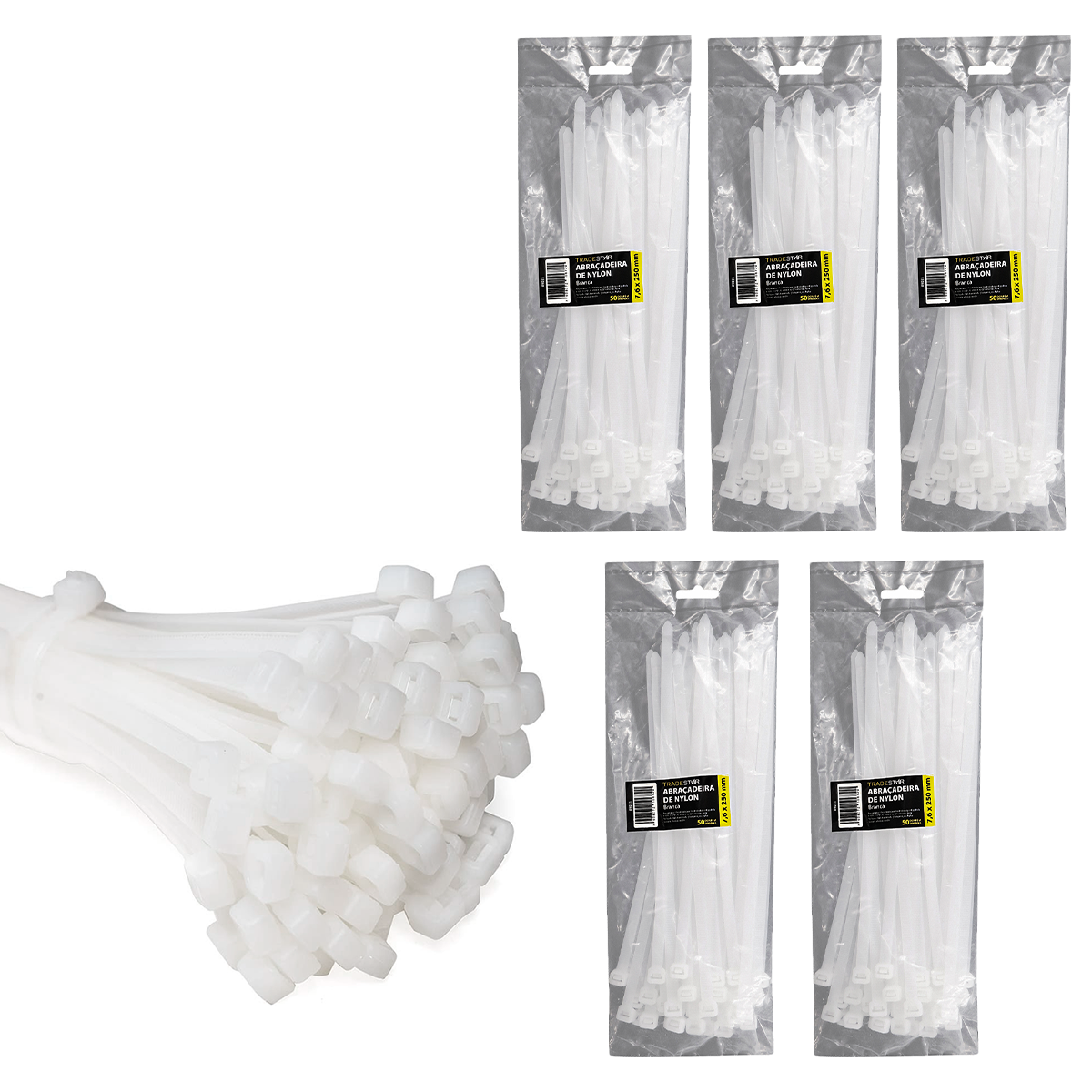 Abraçadeira de nylon branca Tradestar 7,6x250mm com 500 unidades, ideal para organizar e fixar cabos e fios. Pacote com 5 embalagens de 100 abraçadeiras cada. Solução versátil para eletrônica, construção, jardinagem e automotivo.