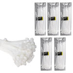 Abraçadeira de nylon branca Tradestar 7,6x250mm com 500 unidades, ideal para organizar e fixar cabos e fios. Pacote com 5 embalagens de 100 abraçadeiras cada. Solução versátil para eletrônica, construção, jardinagem e automotivo.