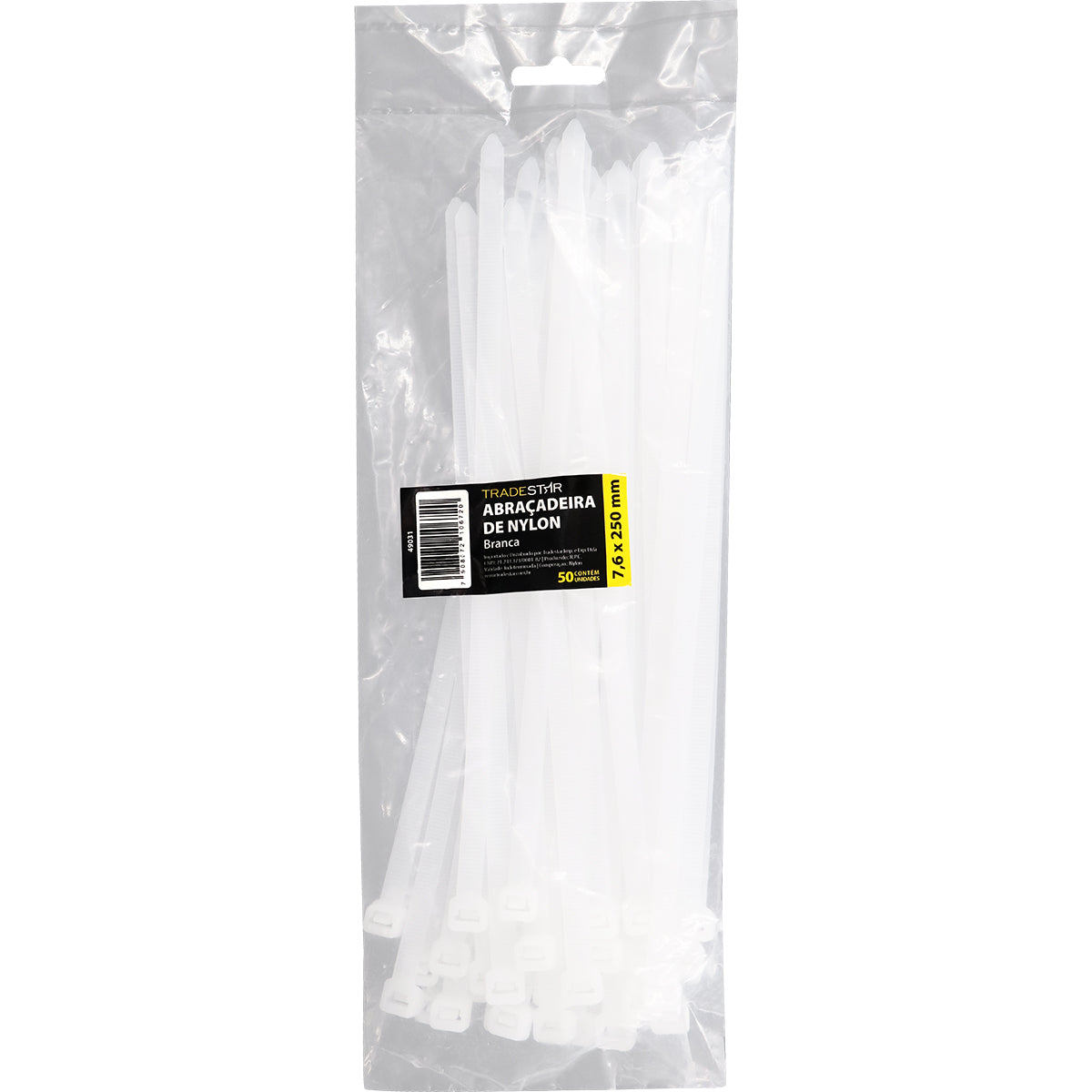 Abraçadeira de Nylon Enforca Gato 7,6x250mm Branca Tradestar com 500 unidades. Ideal para organizar e fixar cabos, fios e outros itens em eletrônica, construção civil, jardinagem e automotivo. Durável, versátil e fácil de usar.