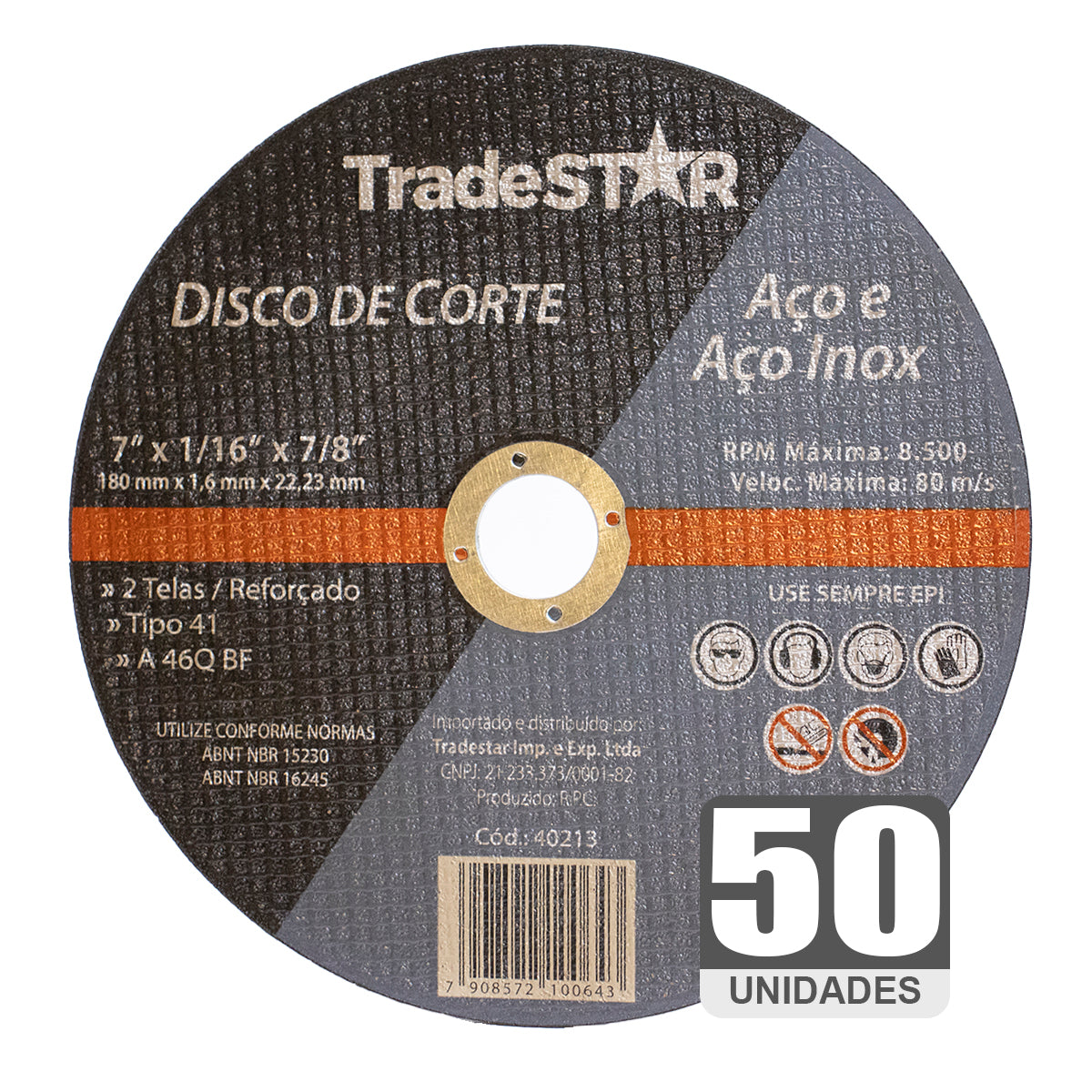 Kit 50 Discos de Corte Fino Inox 7" Tradestar para esmerilhadeira, 180mm x 1.6mm, ideal para cortes precisos em aço inox, ferro e outros metais. Disco abrasivo reforçado, tipo 41, para uso profissional e doméstico. Acompanha 50 unidades.