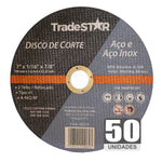 Kit 50 Discos de Corte Fino Inox 7" Tradestar para esmerilhadeira, 180mm x 1.6mm, ideal para cortes precisos em aço inox, ferro e outros metais. Disco abrasivo reforçado, tipo 41, para uso profissional e doméstico. Acompanha 50 unidades.