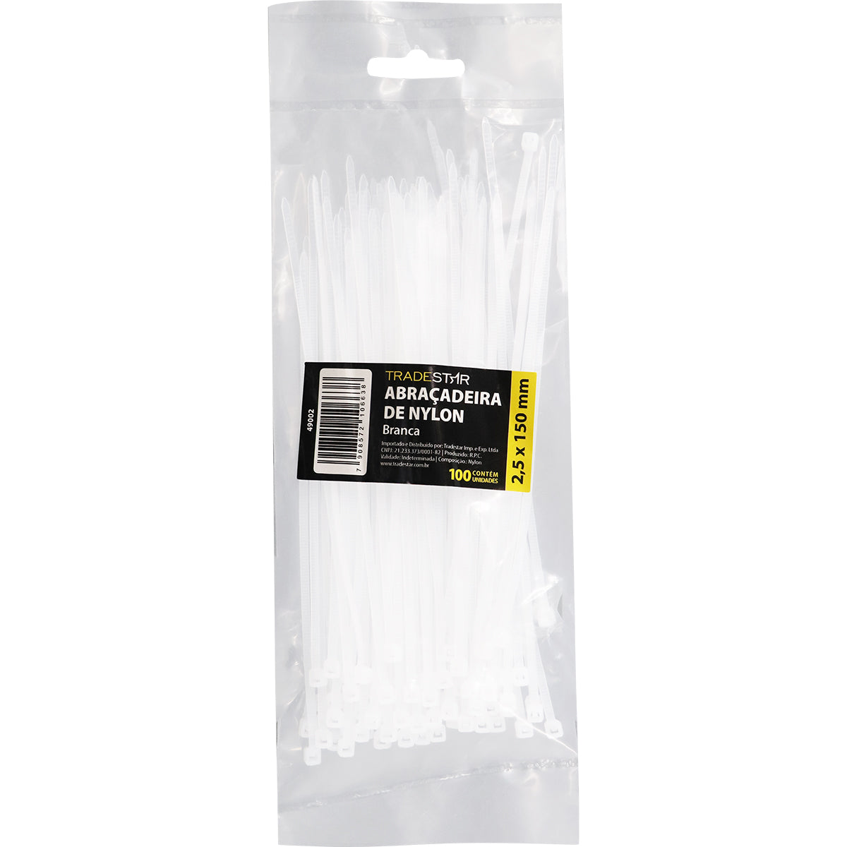 Abraçadeira de nylon branca Tradestar 2,5x150mm com 1000 unidades, ideal para organizar e fixar cabos e fios em projetos de eletrônica, construção civil, jardinagem e automotivo. Abraçadeiras resistentes e versáteis para uso doméstico e industrial.