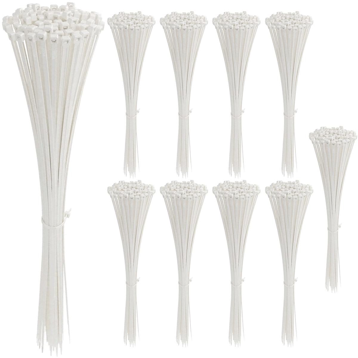 Abraçadeira de nylon enforca gato branca Tradestar 3,6x300mm, pacote com 1000 unidades, ideal para organizar cabos e fios em eletrônica, construção civil e automotivo. Fixação segura e durável.