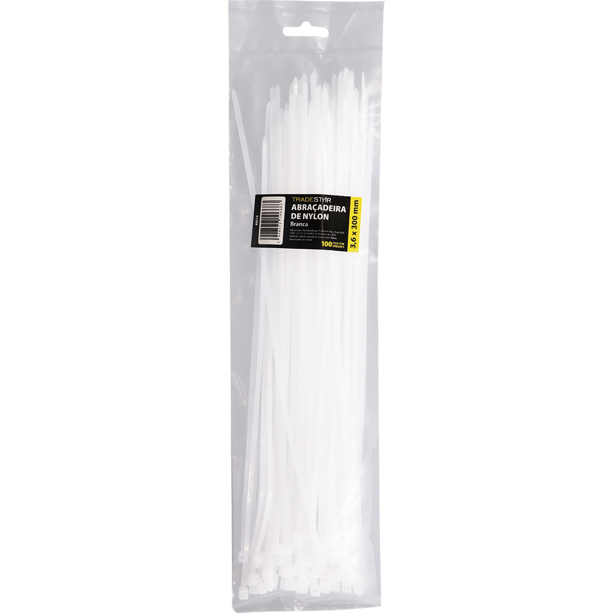 Abraçadeira de nylon enforca gato branca Tradestar 3,6x300mm com 1000 unidades, ideal para organizar cabos e fios em eletrônica, construção civil, jardinagem e automotivo. Durável, versátil e fácil de usar, garante fixação segura e organização.