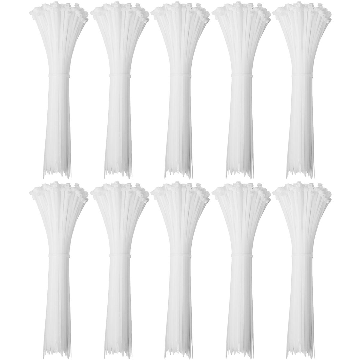 Abraçadeira de nylon branca Tradestar 4,8x300mm, pacote com 1000 unidades (10 pacotes de 100). Ideal para organizar e fixar cabos, fios e outros itens em eletrônica, construção civil, jardinagem e automotivo.