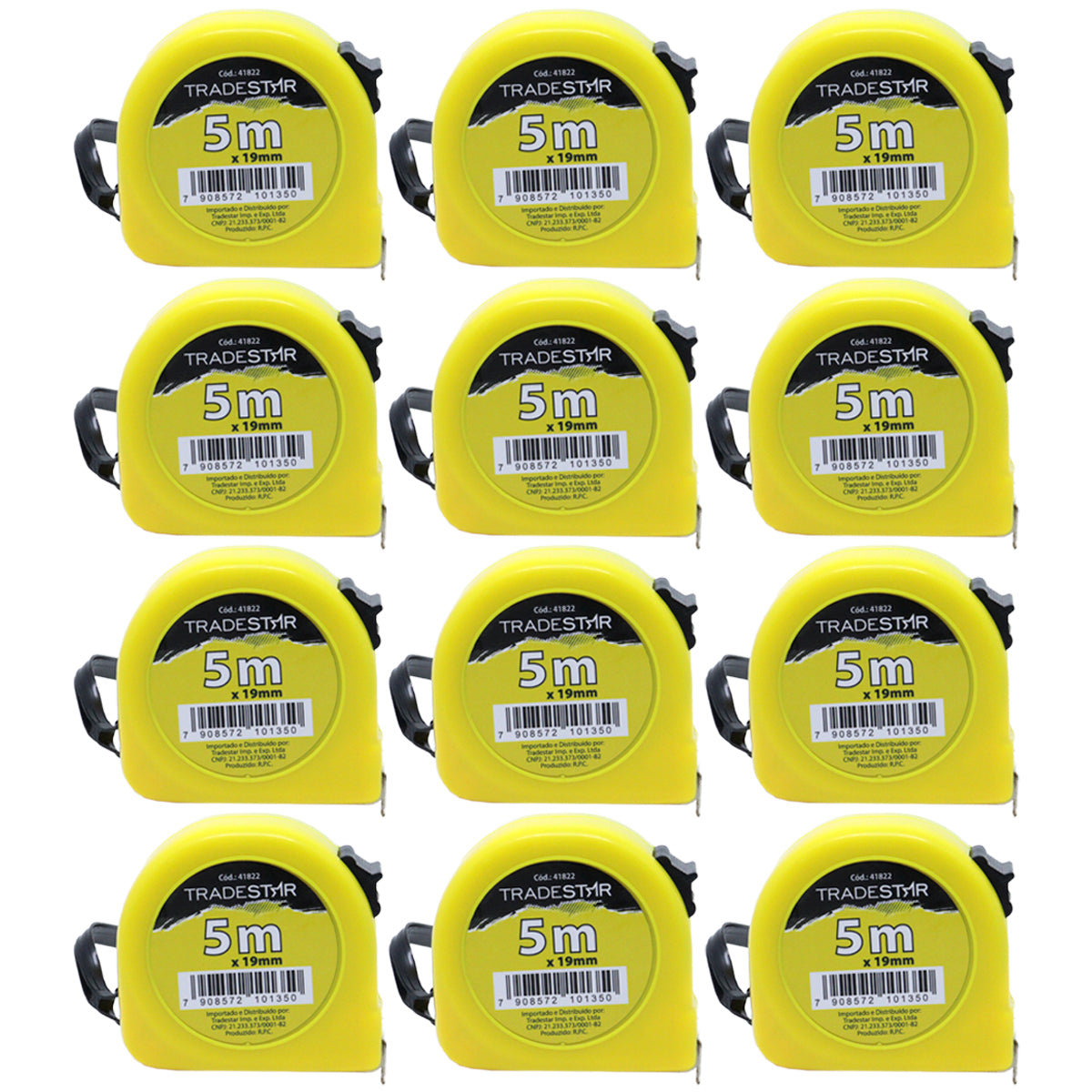 Kit com 12 trenas de aço metal profissionais Tradestar de 5 metros com fita de 19mm, corpo amarelo, trava e correia para transporte. Ideal para medições precisas em construção e projetos diversos. Ferramentas de alta qualidade com nota fiscal e garantia.