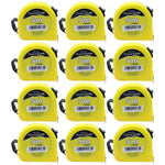 Kit com 12 trenas de aço metal profissionais Tradestar de 5 metros com fita de 19mm, corpo amarelo, trava e correia para transporte. Ideal para medições precisas em construção e projetos diversos. Ferramentas de alta qualidade com nota fiscal e garantia.