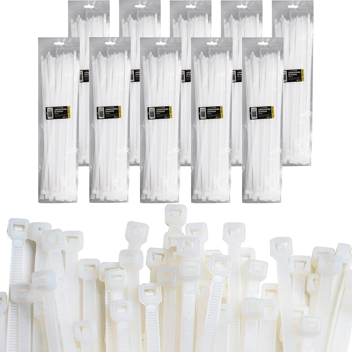 Abraçadeira de nylon branca Tradestar 7,6x400mm, pacote com 1000 unidades, ideal para organizar e fixar cabos e fios. Durável, versátil e fácil de usar, perfeita para eletrônica, construção e jardinagem.