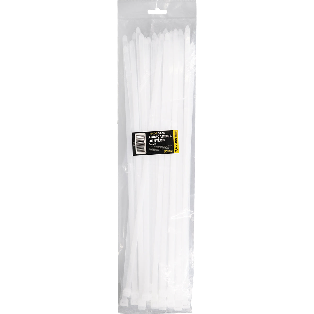 Abraçadeira de nylon branca Tradestar 7,6x400mm, pacote com 1000 unidades, ideal para organizar e fixar cabos e fios. Durável, versátil e fácil de usar, perfeita para eletrônica, construção, jardinagem e automotivo. Compre agora e garanta a organização e segurança dos seus projetos.