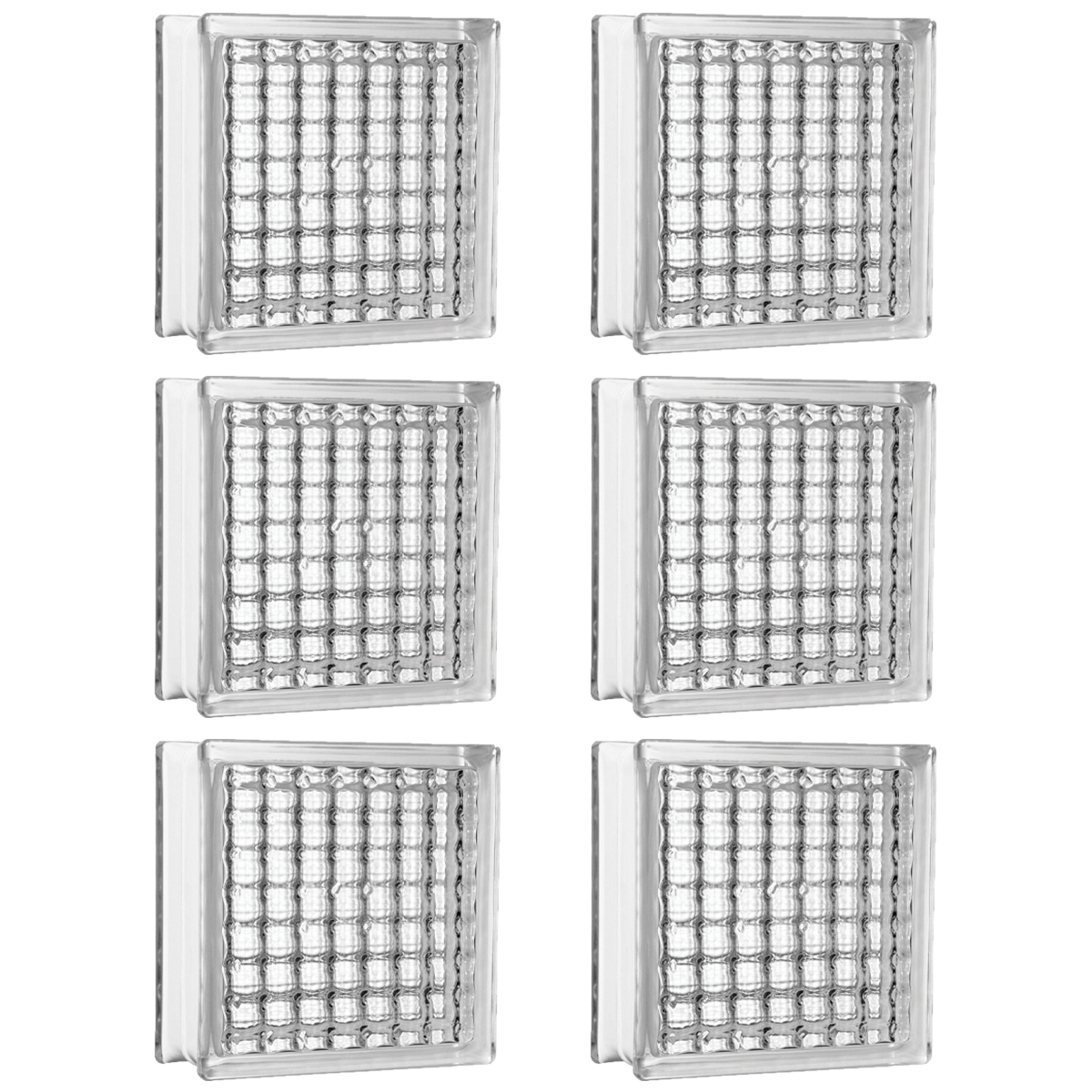 Kit com 6 Tijolos Bloco de Vidro Crystal Tradestar 19x19x8 cm, ideal para paredes, divisórias e projetos de design de interiores. Blocos de vidro transparentes que proporcionam claridade e luminosidade, com design ondulado e alta resistência.