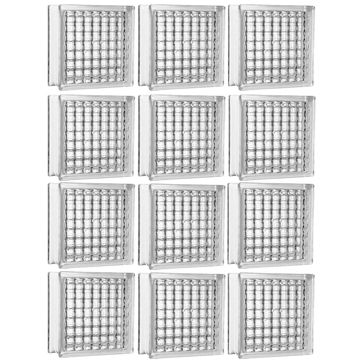 Kit com 12 blocos de vidro Crystal Tradestar 19x19x8 cm, transparentes e ideais para divisórias, paredes e projetos de iluminação natural. Blocos de vidro quadrados, proporcionam claridade e design moderno para ambientes internos e externos.