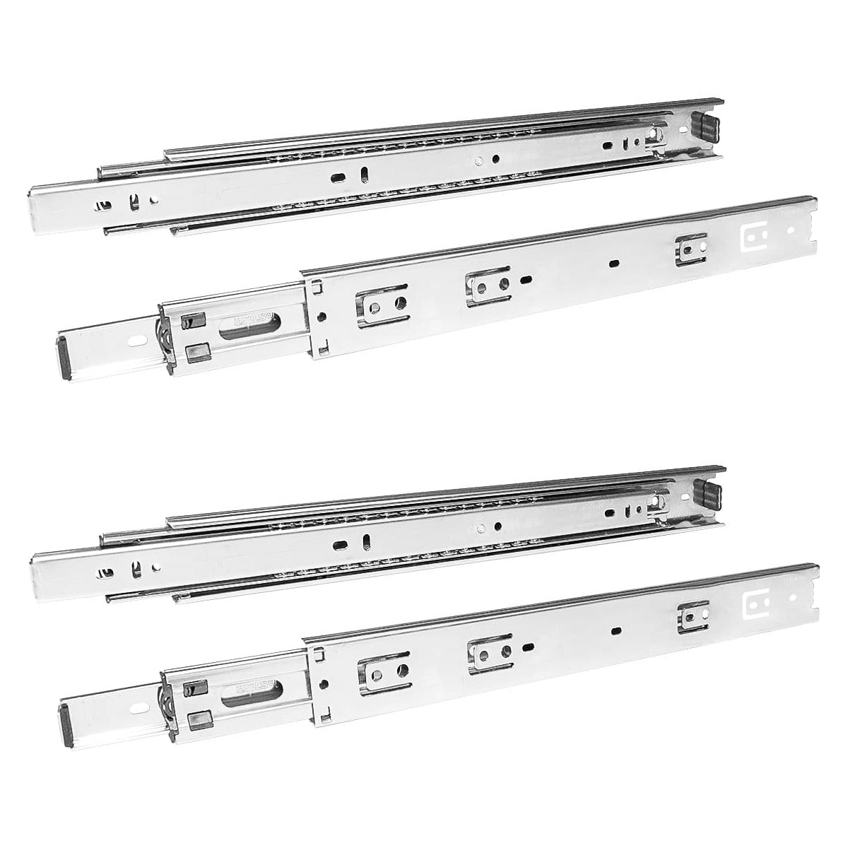 Kit com 2 pares de corrediças telescópicas de 30 cm, abertura total, 30kg - Detalhe em aço zincado, trilhos e rolamentos para gavetas. Ideal para móveis e projetos de marcenaria.