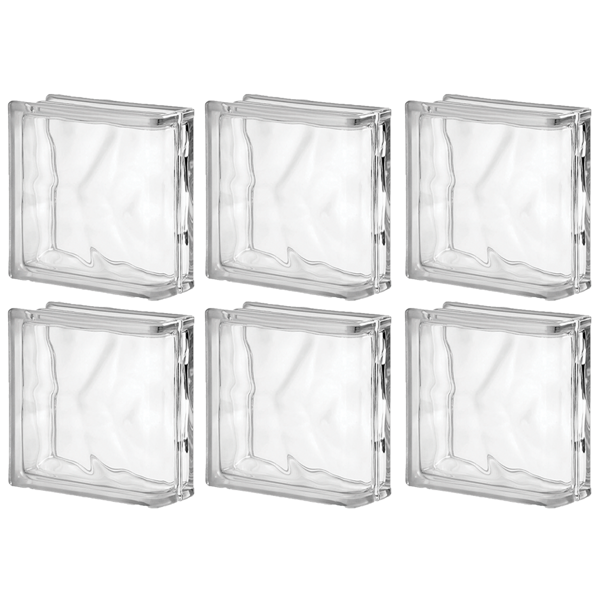 Kit 6 Blocos de Vidro Tradestar 19x19x8 para acabamento, ideal para divisórias e paredes que permitem a passagem de luz. Tijolos de vidro quadrados, transparentes, perfeitos para projetos de design de interiores e exteriores, incluindo banheiros, fachadas e áreas aquáticas.