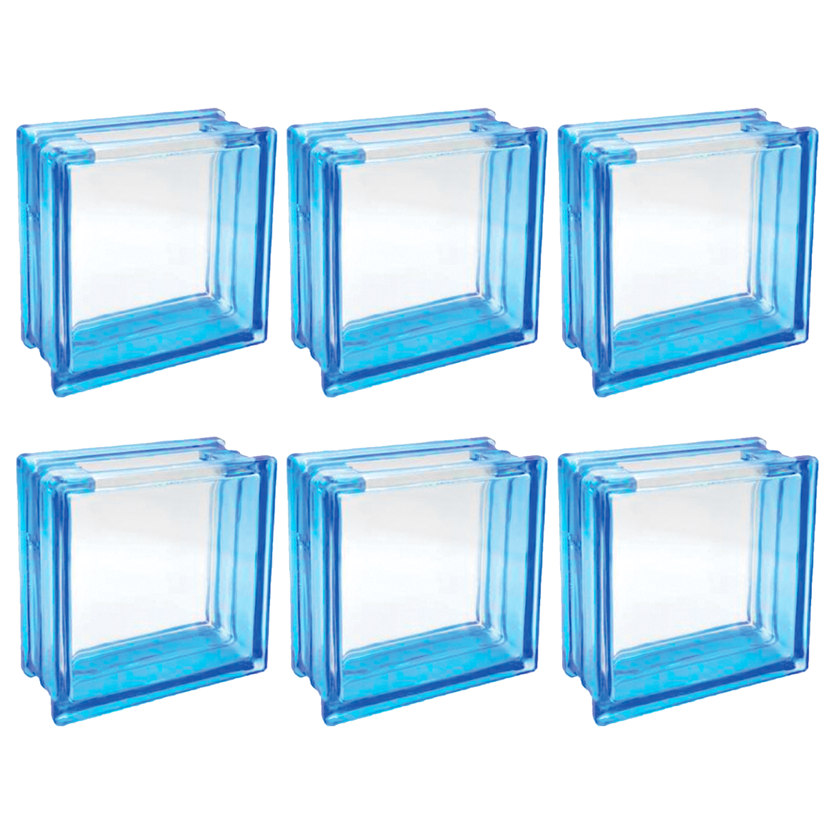 Kit 6 Blocos de Vidro Azul com Furo Quadrado 19x19x8 Tradestar - Ideal para divisórias, paredes e decoração de ambientes internos e externos. Blocos de vidro coloridos que proporcionam claridade e um toque decorativo único.
