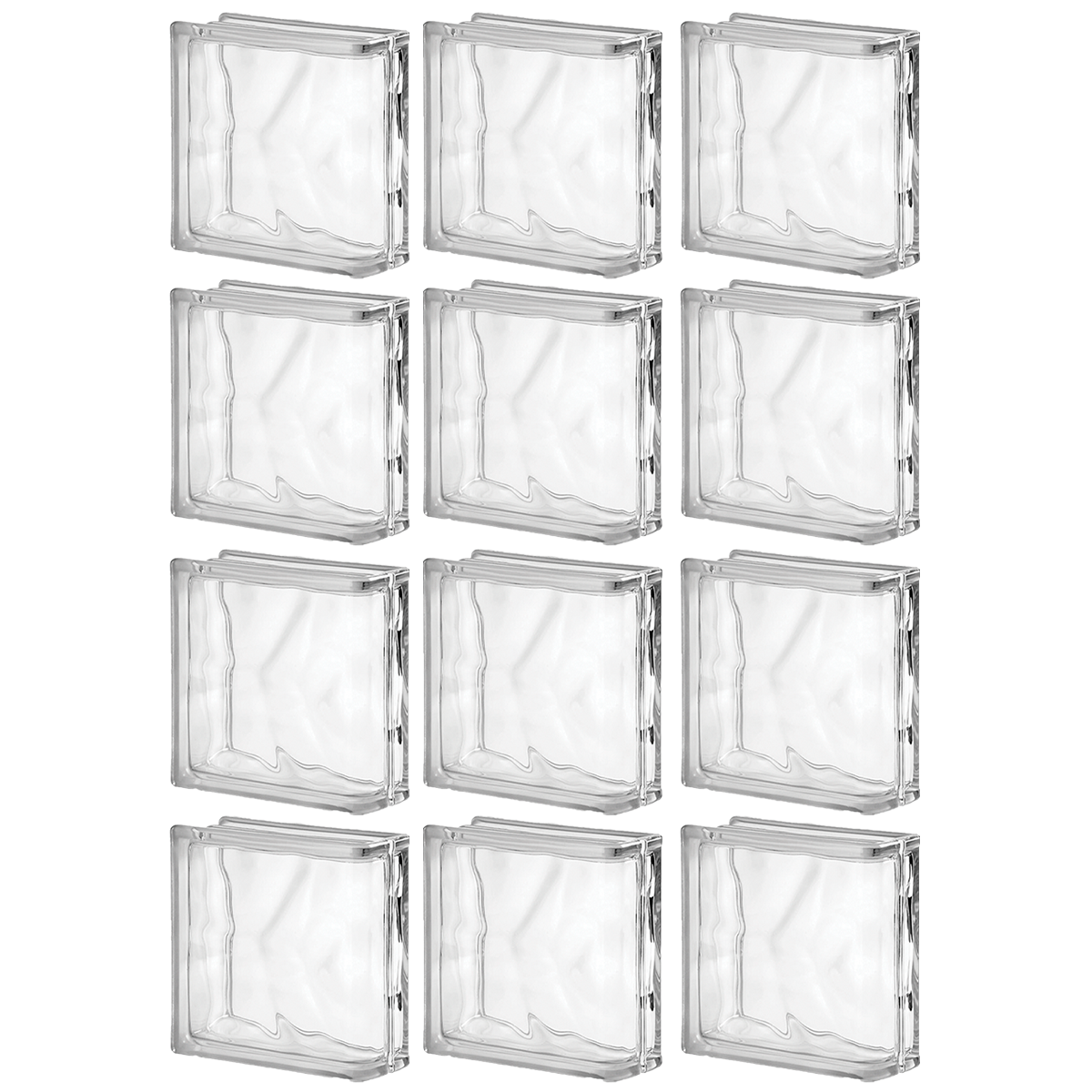 Kit 12 Blocos de Vidro Tradestar 19x19x8 para acabamento, ideal para divisórias e paredes que permitem a passagem de luz. Blocos de vidro quadrados, transparentes, para decoração de ambientes internos e externos.