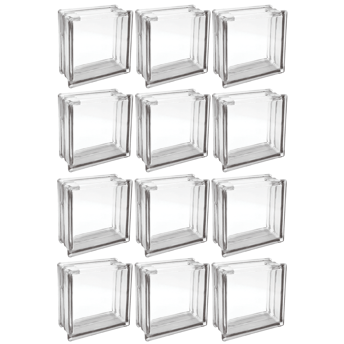 Kit 12 Blocos de Vidro Incolor Tradestar 19x19x8cm com furo, ideal para divisórias, paredes e projetos de design de interiores e exteriores. Blocos de vidro transparentes para iluminação e decoração.