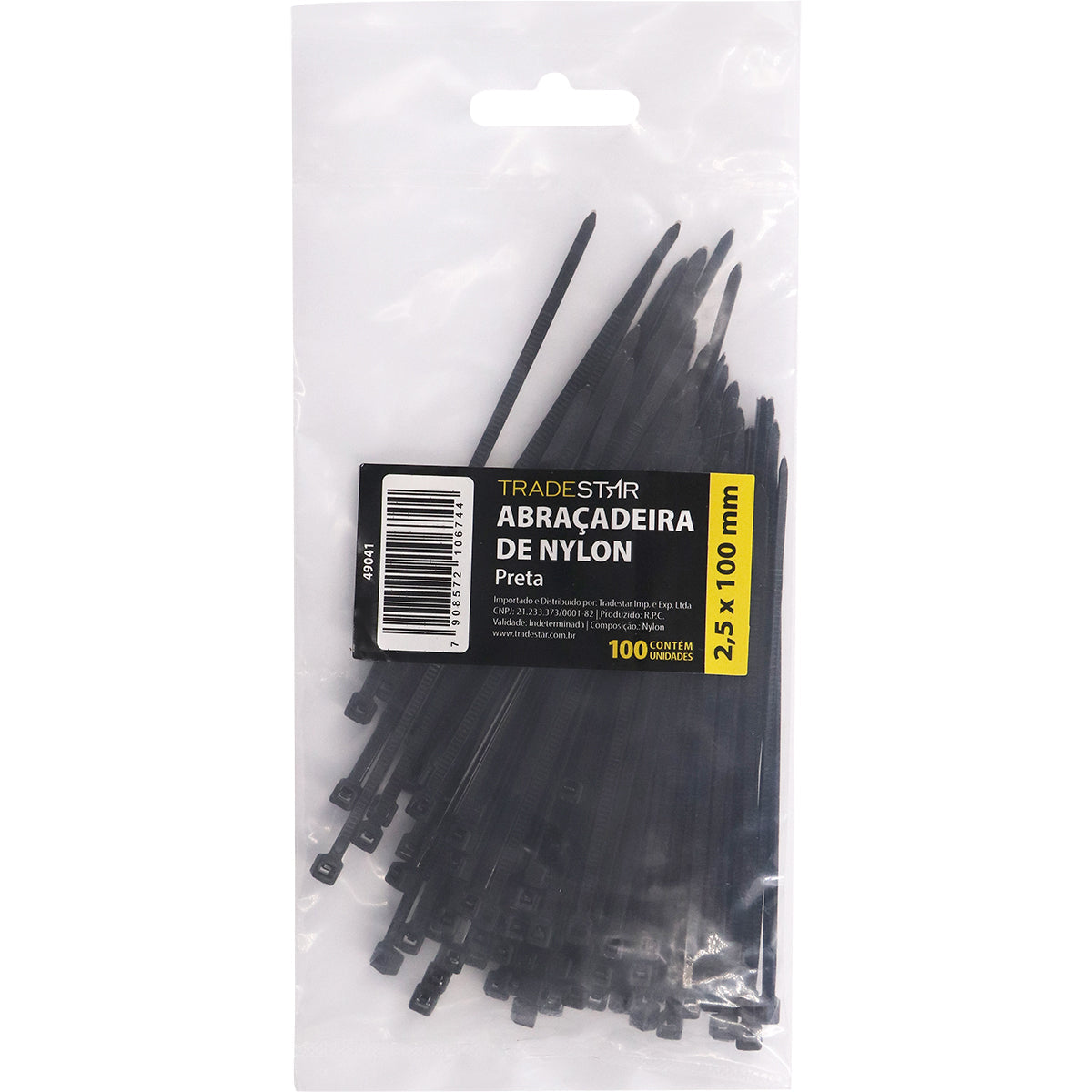 Abraçadeira de nylon preta Tradestar 2,5x100mm, pacote com 500 unidades, ideal para organizar e fixar cabos e fios em eletrônica, construção civil, jardinagem e automotivo. Durável, versátil e fácil de usar.