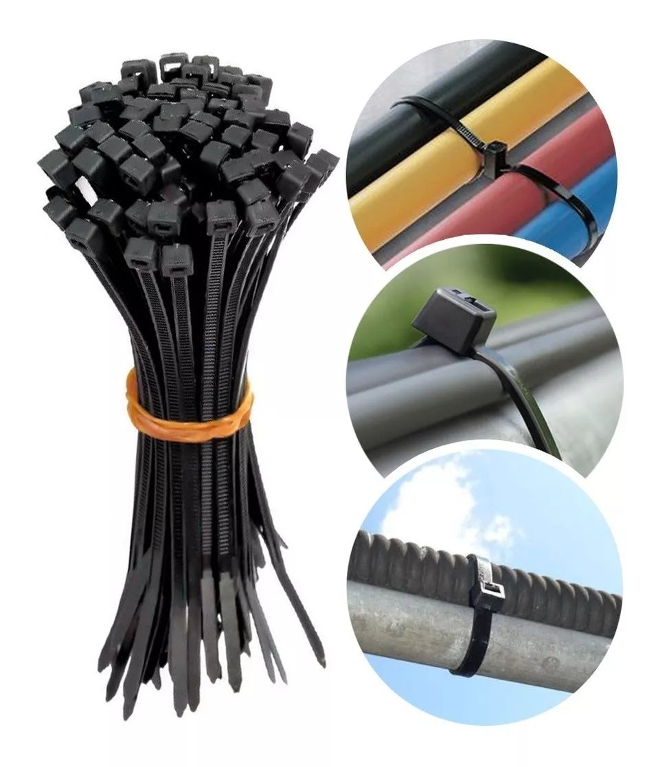 Abraçadeira de nylon preta Tradestar 2,5x100mm, pacote com 500 unidades, ideal para organizar e fixar cabos e fios em eletrônica, construção, jardinagem e automotivo. Durável, versátil e fácil de usar.