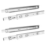 Kit com 2 pares de corrediças telescópicas de abertura total de 40 cm e capacidade para 30kg, em aço zincado, ideal para gavetas. Trilhos telescópicos com rolamento para movimento suave e resistente.