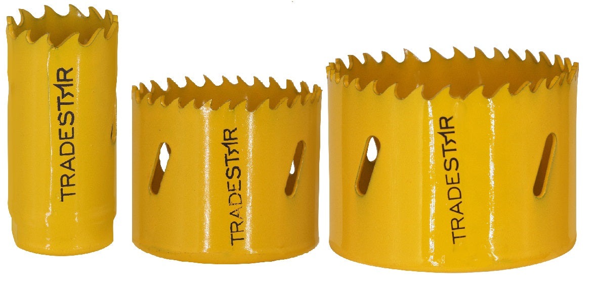 Kit Serra Copo Bimetal Tradestar para corte em metal, madeira e outros materiais. O kit inclui serras copo de 25mm, 51mm e 60mm, ideais para uso profissional e industrial. Ferramenta de corte precisa e durável.