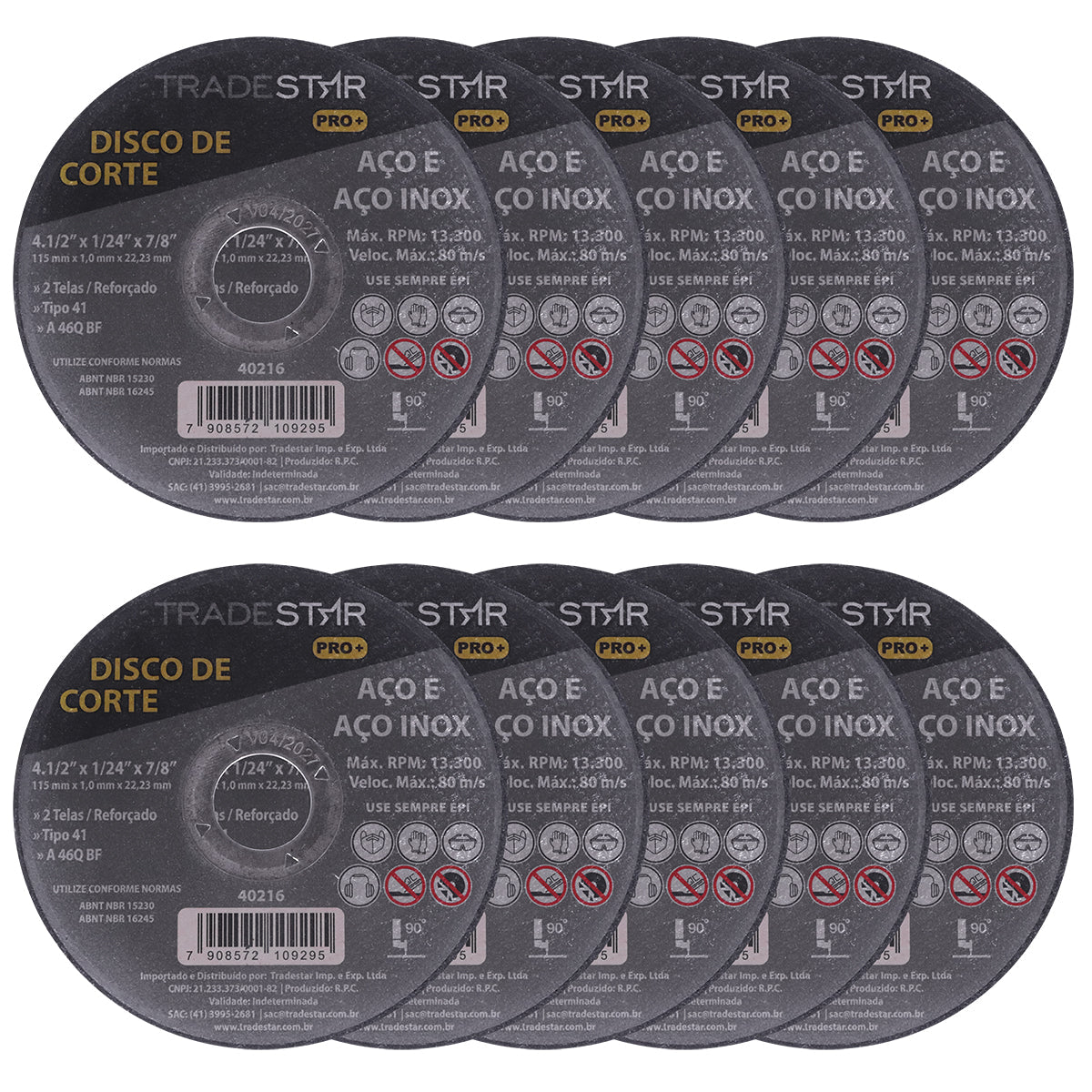 Kit com 50 discos de corte TradeStar Pro+ 115x1,0x22,23mm para aço e aço inox, ideal para cortes precisos em serralherias, oficinas e construção civil. Disco reforçado, alta durabilidade e segurança. Ferramenta para esmerilhadeira angular.