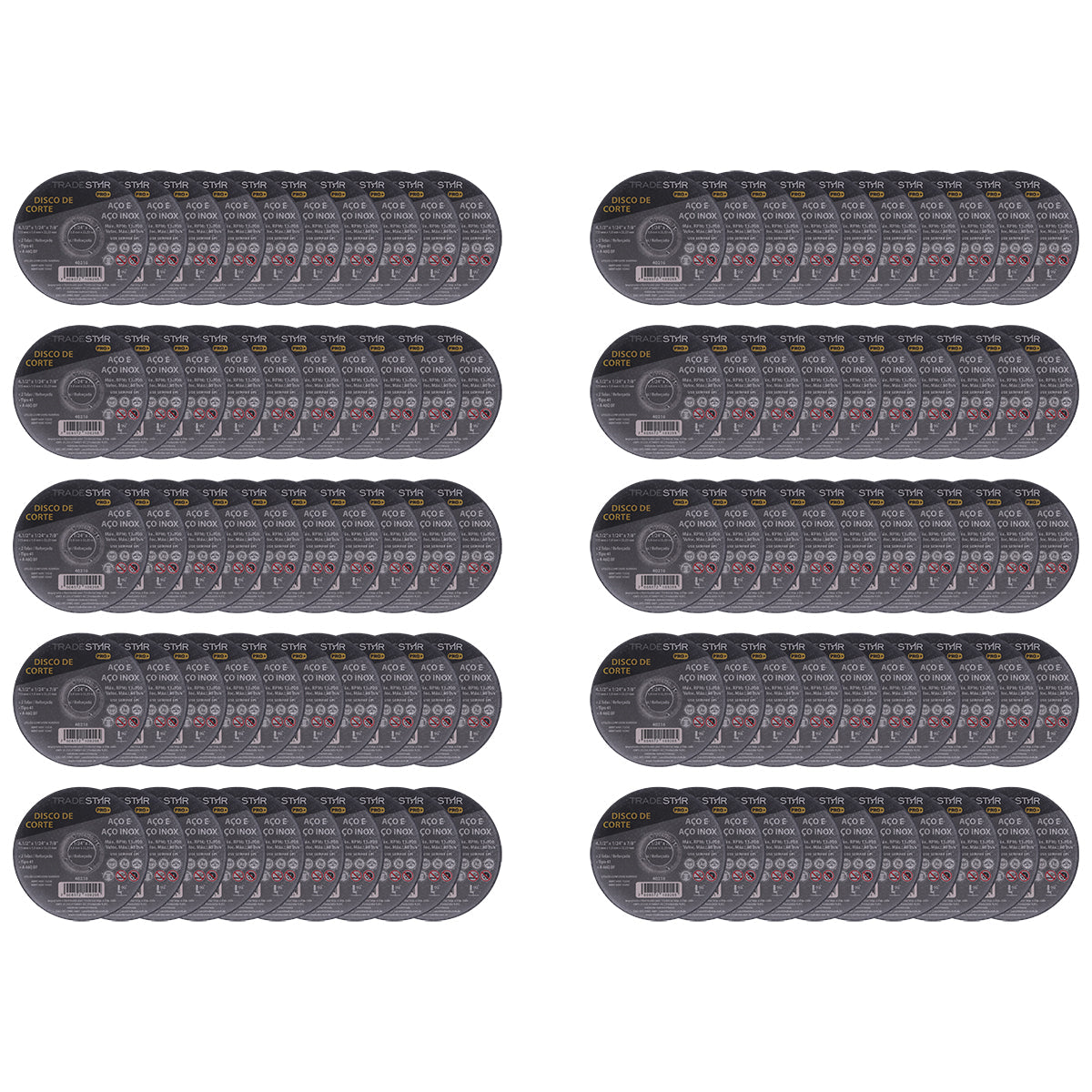 Kit com 100 discos de corte 115mm para aço e aço inox Pro, ideal para serralherias, oficinas e construção civil. Cortes precisos e rápidos, baixo desgaste. Produto original, com garantia e nota fiscal.