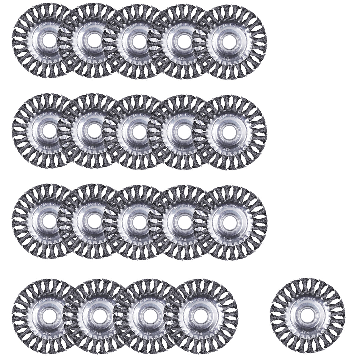 Kit 20 Escovas de Aço Industrial Fio Torcido 5' 125MM 22,23MM Tradestar - Escovas circulares de aço torcido para limpeza de metal, remoção de ferrugem e resíduos. Ideal para esmerilhadeiras e motoesmeris em oficinas, metalúrgicas e indústrias. Alta durabilidade e eficiência.