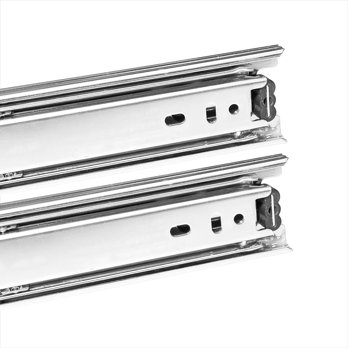 Kit com 2 pares de corrediças telescópicas de abertura total de 50 cm, suportando até 30kg. Corrediças de gaveta em aço zincado, ideais para móveis e gavetas com trilhos de rolamento.
