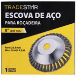 Kit 5 Escovas Para Roçadeira Stihl Disco Universal 8 Pol Tradestar - Escova de aço para limpeza de áreas pavimentadas, ideal para roçadeiras. Remove grama, musgos e detritos. Diâmetro 8 polegadas (200mm). Kit com 5 unidades.