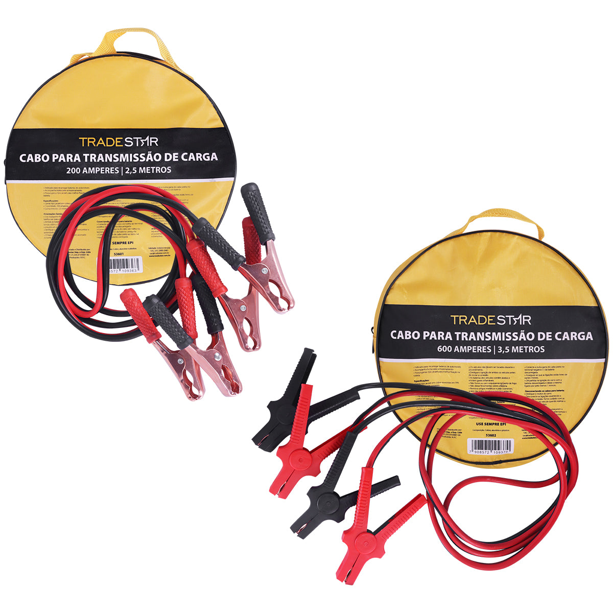 Kit Cabo Chupeta Bateria 200A 2,5m e 600A 3,5m 12v 24v - Cabos para partida de veículos leves e pesados, com garras jacaré, ideal para emergências e uso profissional. Inclui cabos de 200A para carros e 600A para caminhões, ônibus e tratores. Compatível com baterias 12V e 24V.