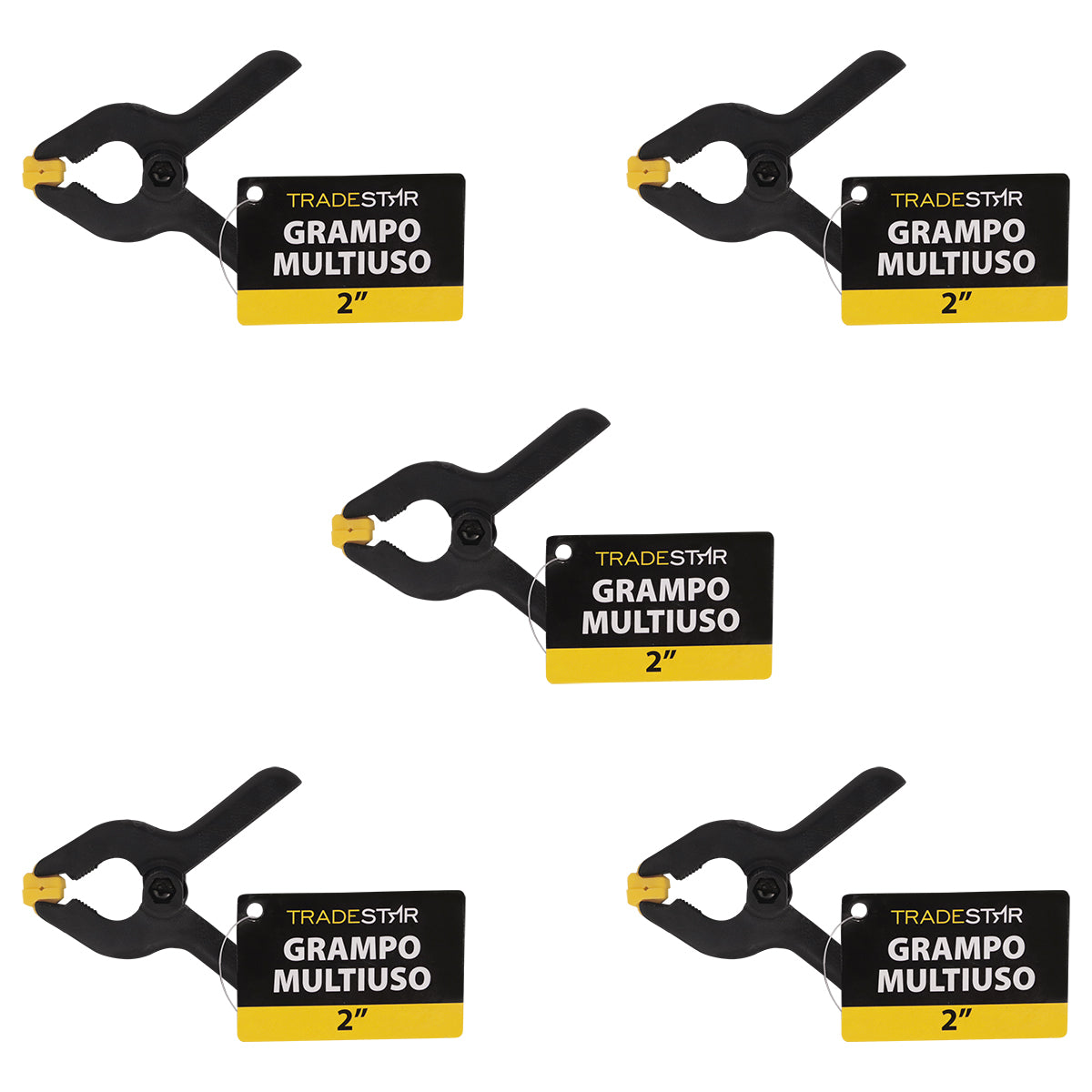 Kit com 5 grampos multiuso 2 polegadas 50mm reforçados Tradestar para marceneiro. Grampos de nylon preto com detalhes em amarelo, ideais para fixação temporária em marcenaria e trabalhos de montagem. Ferramenta versátil e resistente.